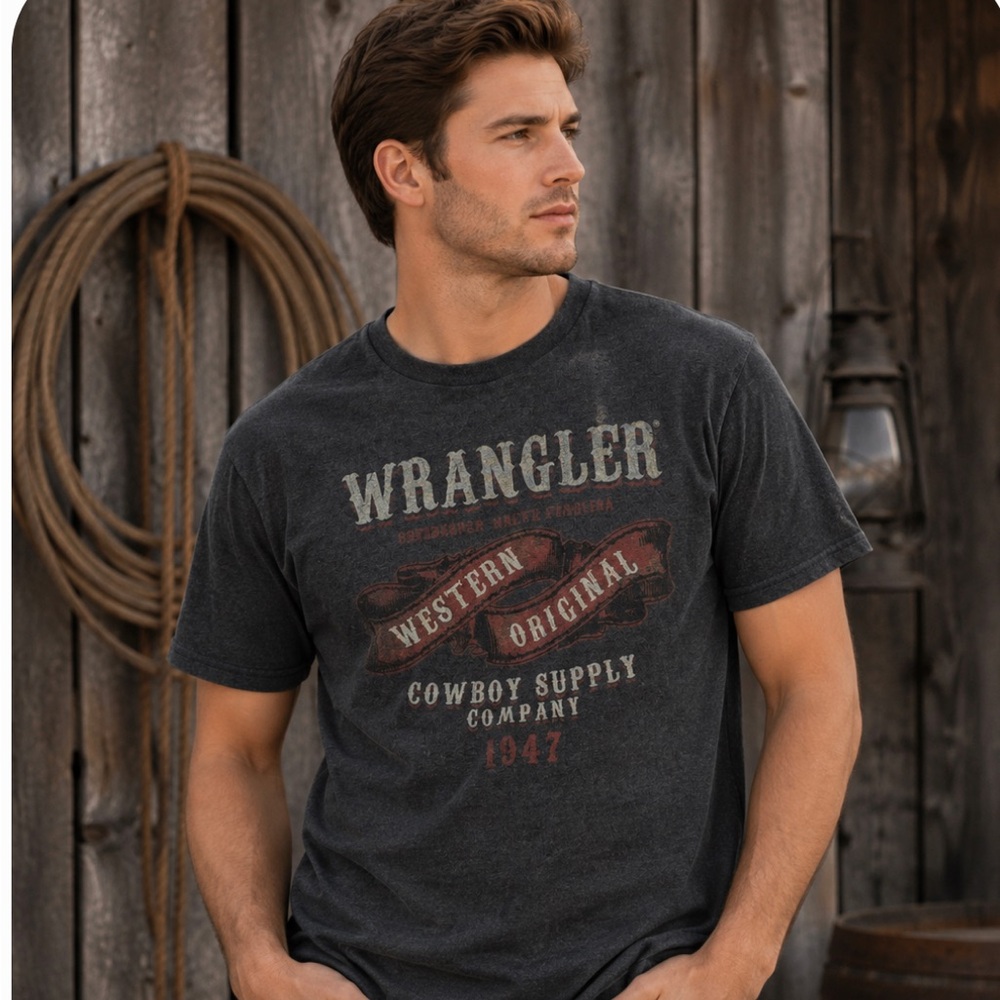 WRANGLER Men’s Size M Western Graphic Tshirt Dark Gray Cowboy Vintage Workwear